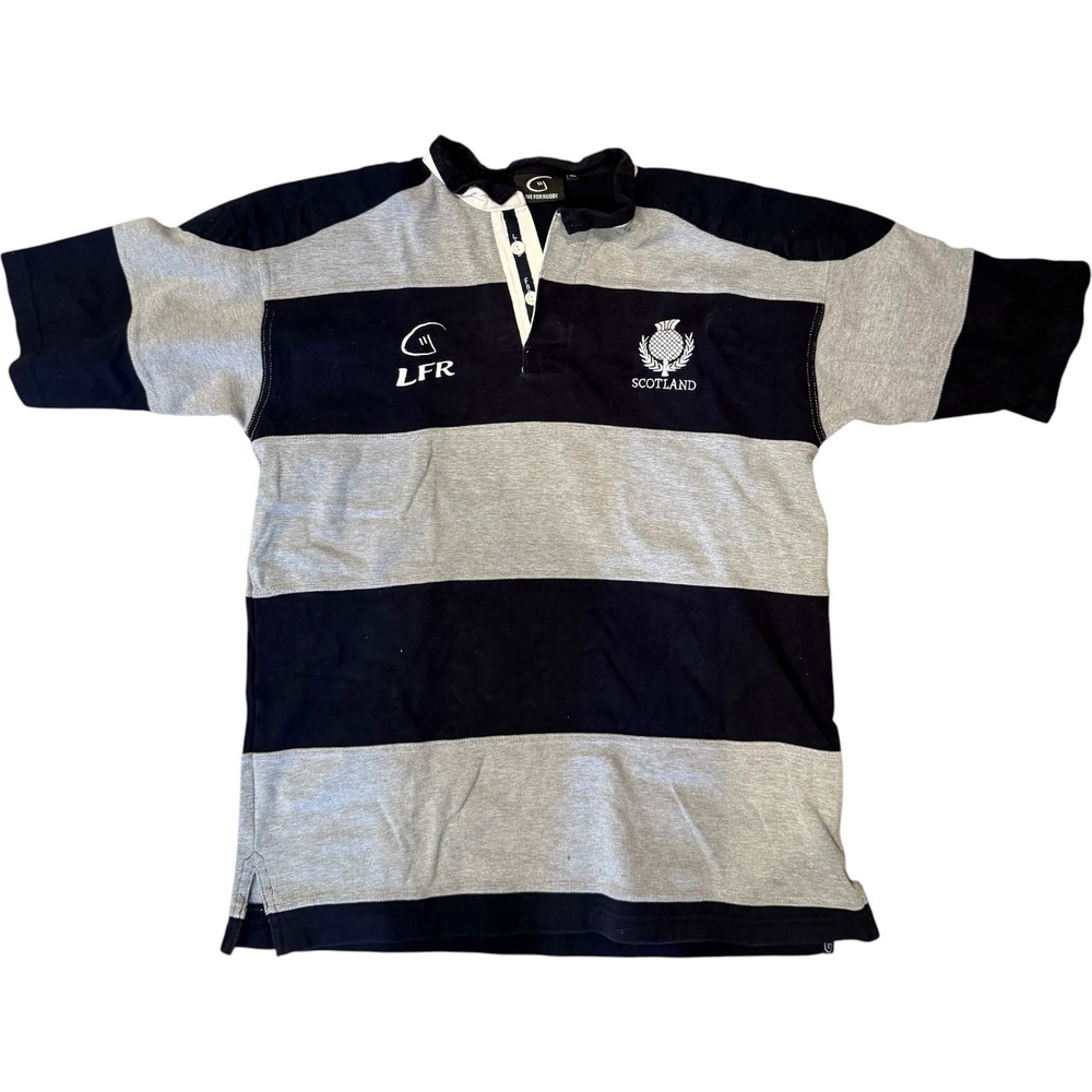 Live For Rugby Scotland Jersey XL Navy Grey Striped Short Sleeve Polo Shirt Used